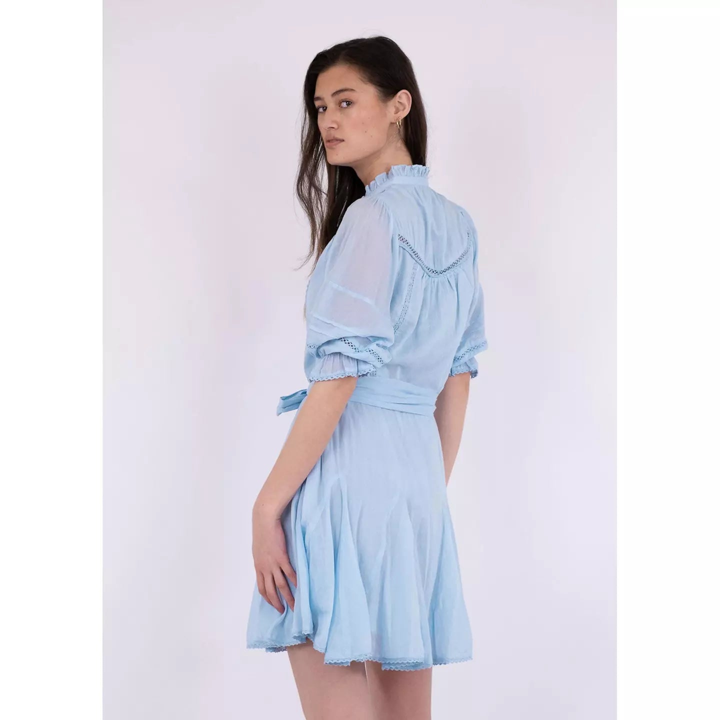 Neo Noir Rigitta Sky Blue Voile Mini Dress – Lace Trim Puff Sleeves Belted | Women