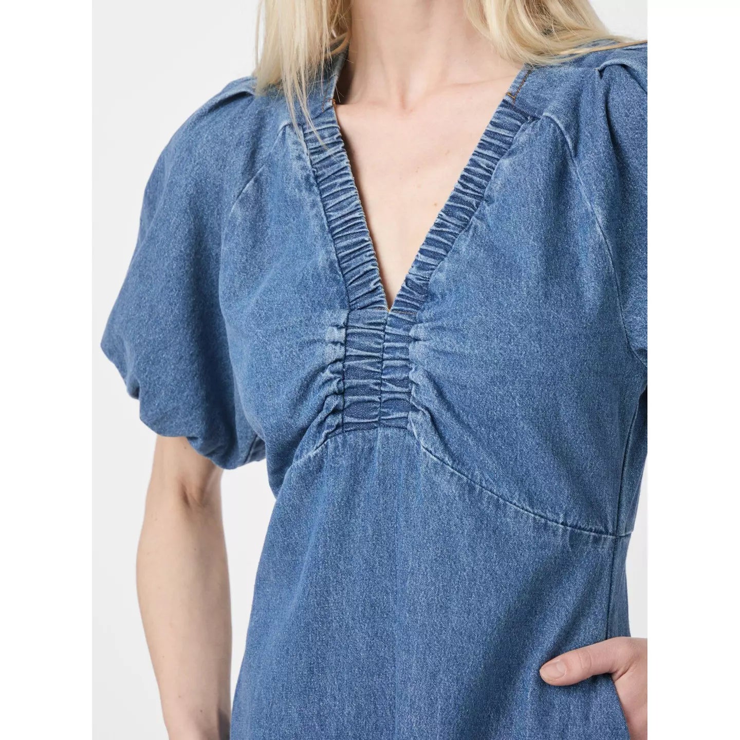 Neo Noir Illana Denim Midi Dress – Ruched V-Neck Puff Sleeves A-Line | Women