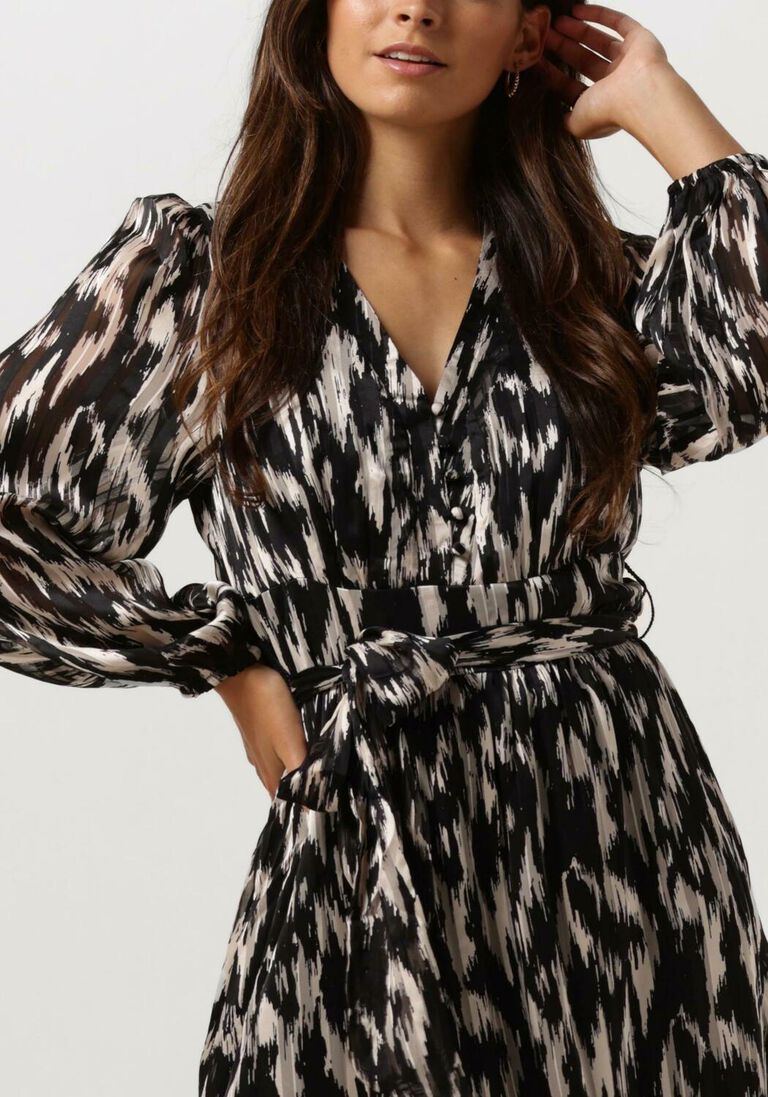 Neo Noir Louise Cheer Vibe Black Ikat Print Midi Dress – V-Neck Balloon Sleeves Belted | Women