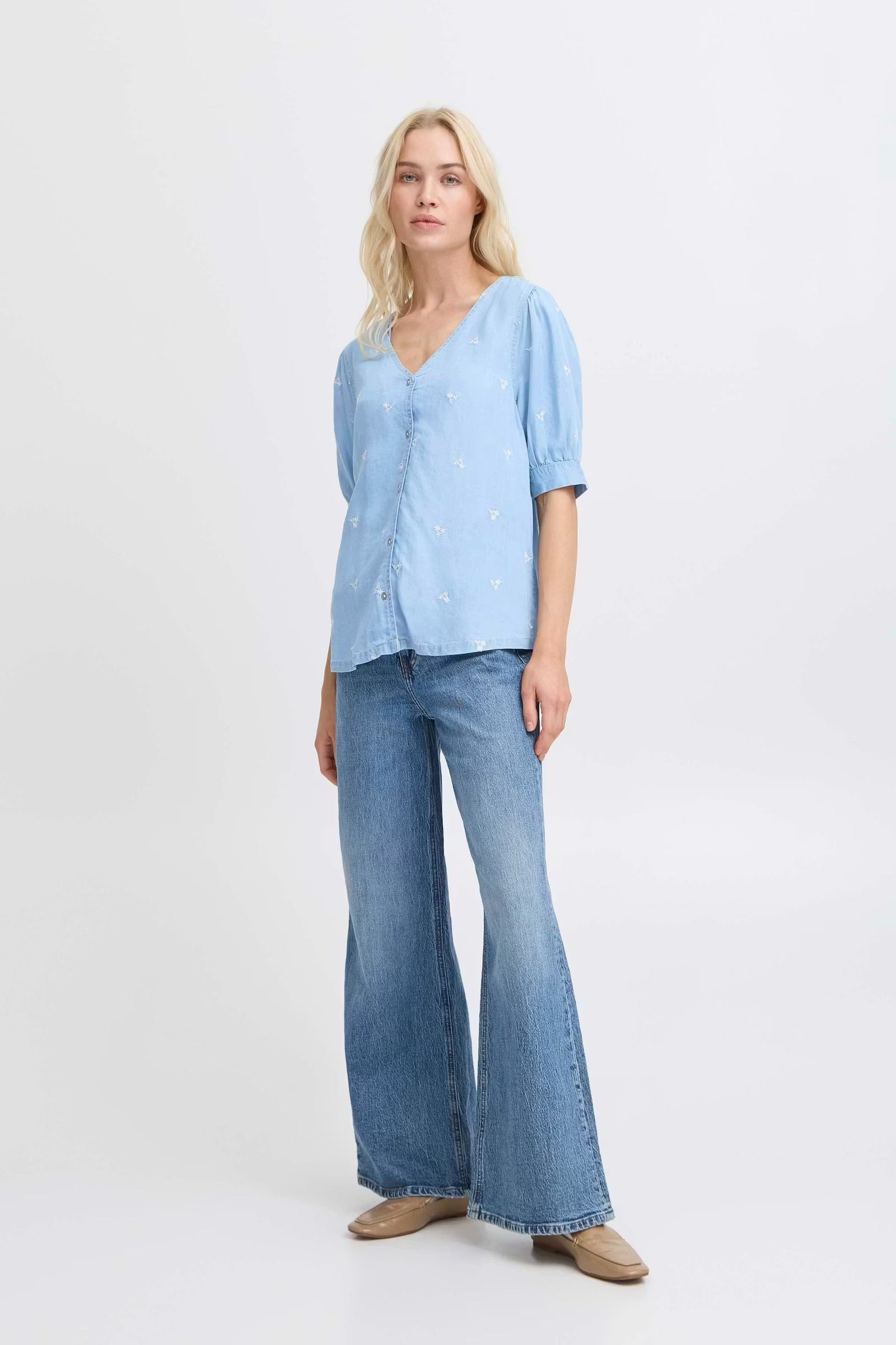 b.young Bykosmo Embroidered Floral Blouse - Light Blue
