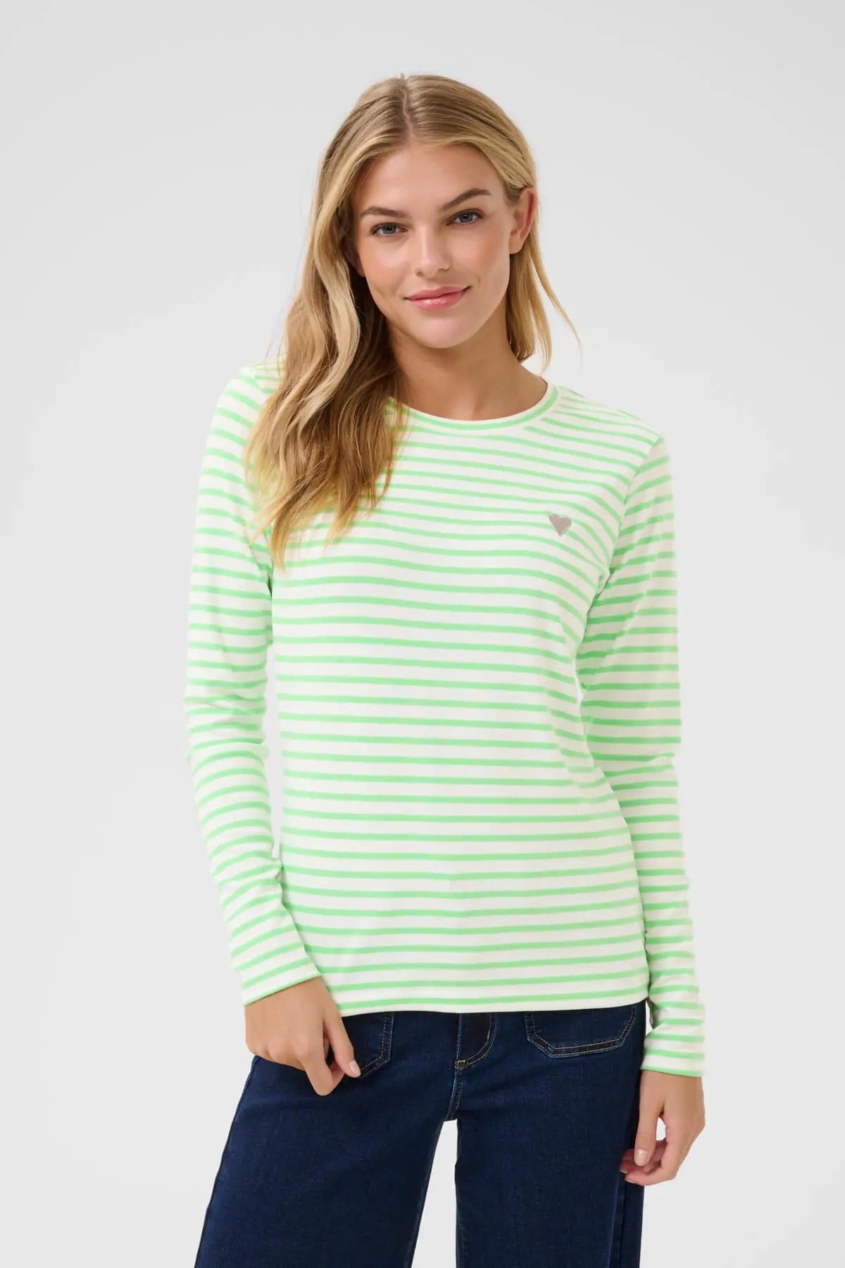 Kaffe Liddy Green White Stripe Long Sleeve Top – Round Neck Heart Embroidery | Women