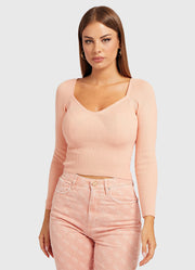 Guess Sweetheart Sonnet Pink Ribbed Crop Sweater – Long Sleeve | Size L