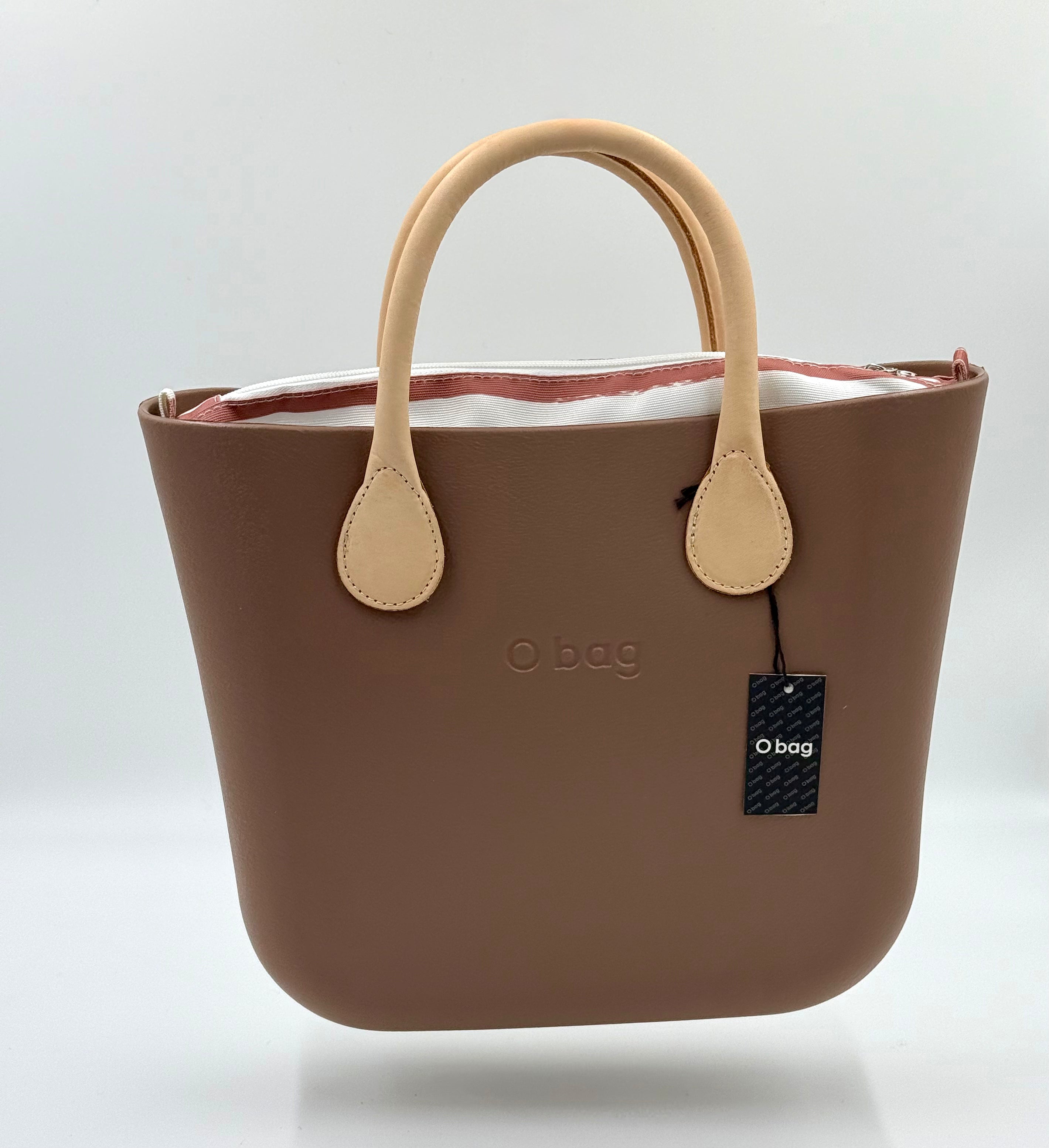O bag Mini – taupe (greige) handbag with cream handles, striped zippered lining