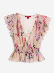 Guess Dawn Pink Floral Chiffon Peplum Top – Deep V-Neck Ruffle Sleeve