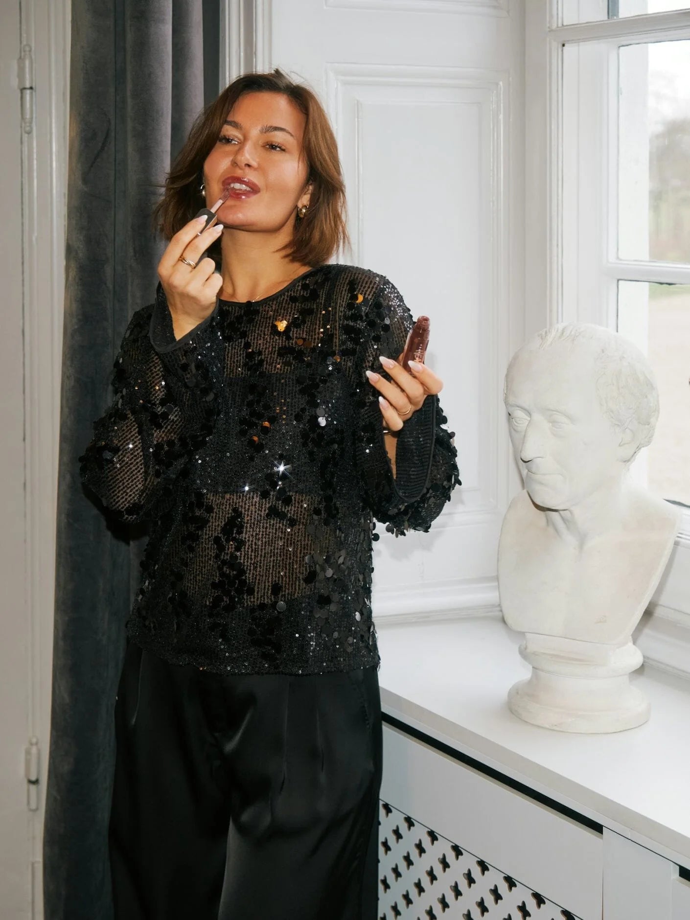 Neo Noir Blake Black Sequin Blouse – Sheer Mesh Long Sleeve | Women